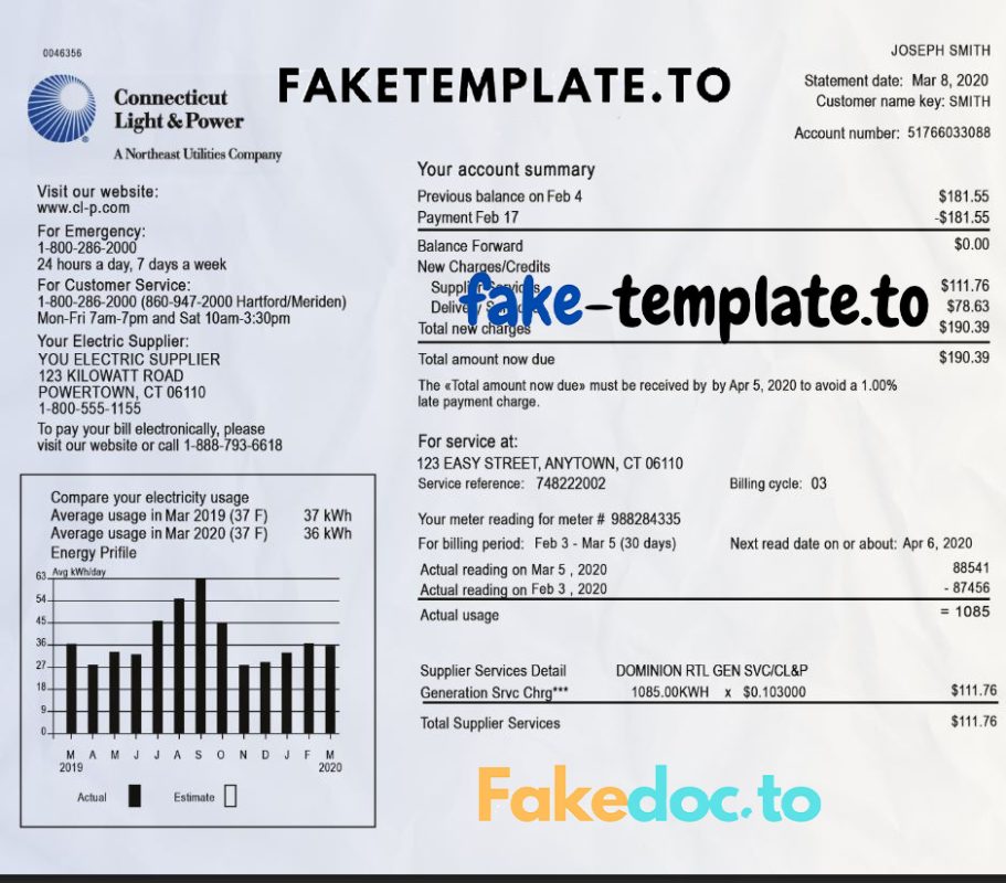 Usa connecticut light power electricity utility bill in word and pdf